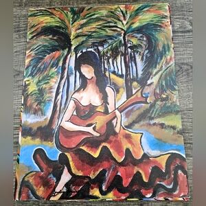 11×14 Impressionist Print Featuring Girl W/ Guitar In Red Yellow Blue And Green